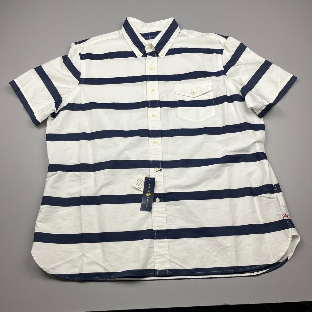 Ralph Lauren Button Down Shirt Mens XXL White Navy Striped Short Sleeve NWT